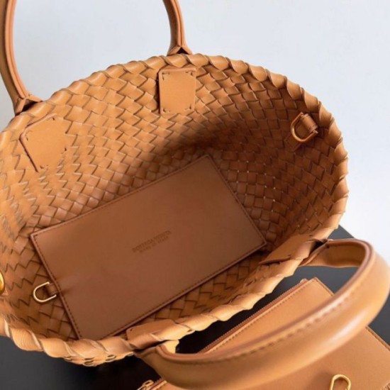 Perfette Qualità Repliche Borsa Mini Cabat Bottega Veneta agnello intrecciata color caramello Imitazione