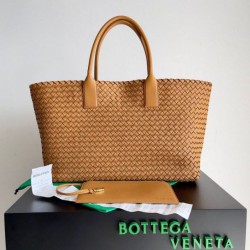 Migliore Repliche Borsa Cabat media Bottega Veneta agnello intrecciata color caramello Economiche Outlet Online