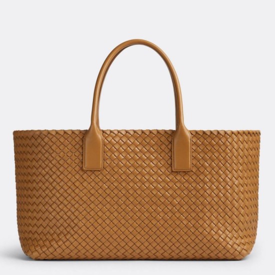 Migliore Repliche Borsa Cabat media Bottega Veneta agnello intrecciata color caramello Economiche Outlet Online
