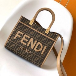 Replica perfetta Borsa tote piccola Fendi Sunshine tessuto jacquard FF marrone Imitazione Outlet Online
