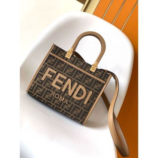 Replica perfetta Borsa tote piccola Fendi Sunshine tessuto jacquard FF marrone Imitazione Outlet Online