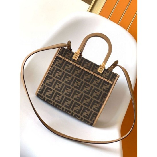 Replica perfetta Borsa tote piccola Fendi Sunshine tessuto jacquard FF marrone Imitazione Outlet Online