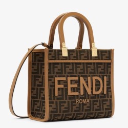Replica perfetta Borsa tote piccola Fendi Sunshine tessuto jacquard FF marrone Imitazione Outlet Online