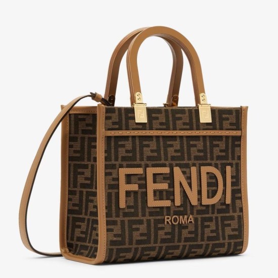 Replica perfetta Borsa tote piccola Fendi Sunshine tessuto jacquard FF marrone Imitazione Outlet Online