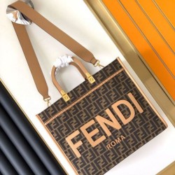 Replica perfetta Borsa tote media Fendi Sunshine tessuto jacquard FF marrone Imitazione Outlet Online