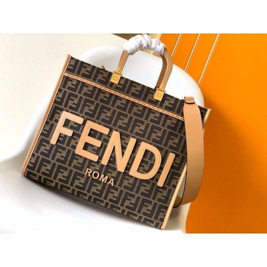 Replica perfetta Borsa tote media Fendi Sunshine tessuto jacquard FF marrone Imitazione Outlet Online