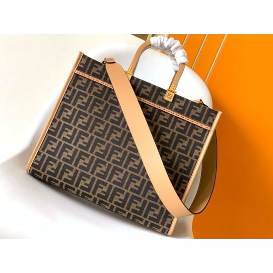 Replica perfetta Borsa tote media Fendi Sunshine tessuto jacquard FF marrone Imitazione Outlet Online
