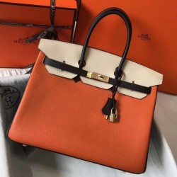 Perfette Qualità Repliche Hermes Birkin Tri-Color 35cm Borsa Arancione/Bianco/Nero Clemence Imitazione