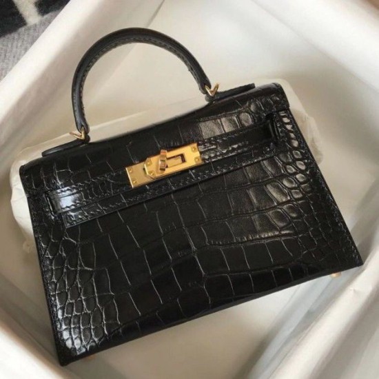 Hermes Kelly Mini II Borsa Nero Embossed Crocodile Replica originale di alta qualità Miglior Falso Hermes Kelly Mini II Borsa Nero Embossed Crocodile Economiche Premium