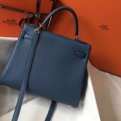 Replica perfetta Borsa Hermes Kelly 28cm Retourne blu agata Clemence Imitazione Outlet Online