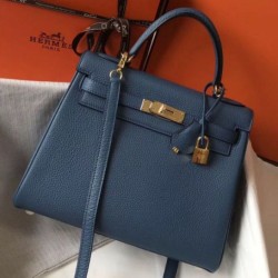 Replica perfetta Borsa Hermes Kelly 28cm Retourne blu agata Clemence Imitazione Outlet Online