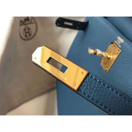 Replica perfetta Borsa Hermes Kelly 28cm Retourne blu agata Clemence Imitazione Outlet Online