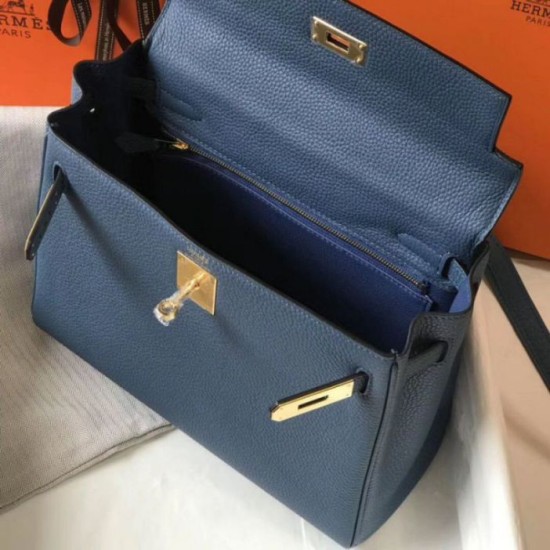 Replica perfetta Borsa Hermes Kelly 28cm Retourne blu agata Clemence Imitazione Outlet Online