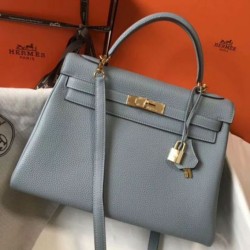 Perfette Qualità Repliche Hermes Kelly 32cm Retourne Borsa Blu Lin Clemence Imitazione