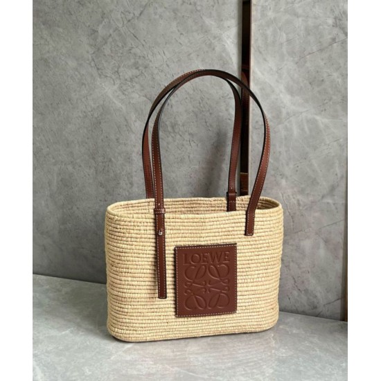Replica perfetta Loewe Piccolo Square Basket Borsa Raffia e vitello marrone Imitazione Outlet Online