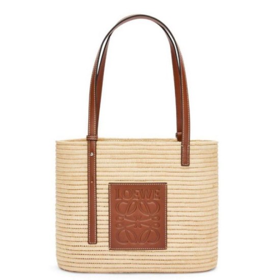Replica perfetta Loewe Piccolo Square Basket Borsa Raffia e vitello marrone Imitazione Outlet Online