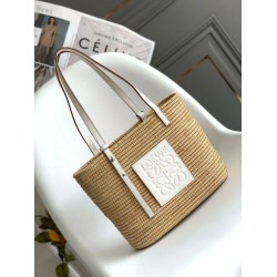 Replica perfetta Loewe Piccolo Square Basket Borsa Raffia e vitello bianca Imitazione Outlet Online