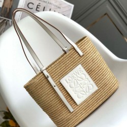 Replica perfetta Loewe Piccolo Square Basket Borsa Raffia e vitello bianca Imitazione Outlet Online