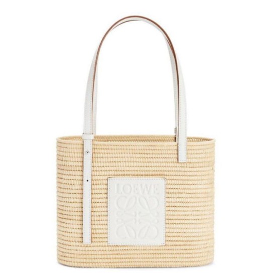 Replica perfetta Loewe Piccolo Square Basket Borsa Raffia e vitello bianca Imitazione Outlet Online