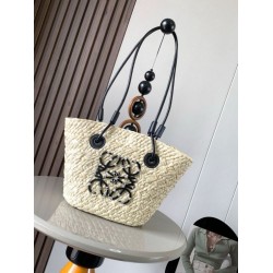 Miglior Falso Loewe Piccolo Anagram Basket Borsa Iraca Palm e Vitello Nero Economiche Premium