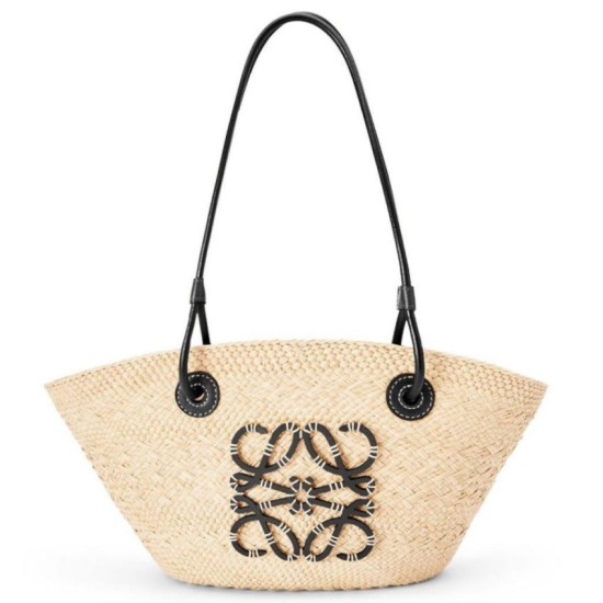 Miglior Falso Loewe Piccolo Anagram Basket Borsa Iraca Palm e Vitello Nero Economiche Premium