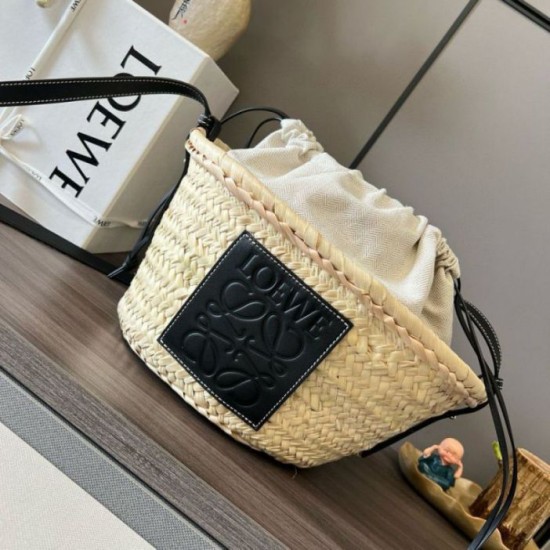 Miglior Falso Loewe Drawstring Bucket Borsa Palm Leaf e vitello nera Economiche Premium