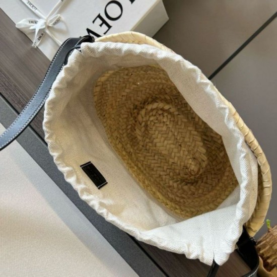 Miglior Falso Loewe Drawstring Bucket Borsa Palm Leaf e vitello nera Economiche Premium