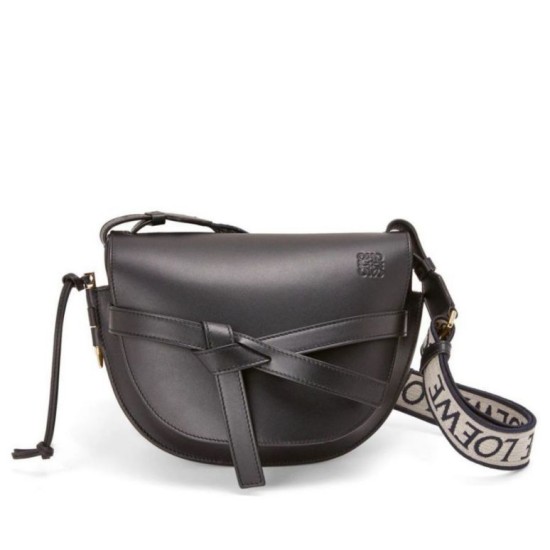 Migliore Repliche Borsa Gate piccola Loewe vitello nera e jacquard Economiche Outlet Online