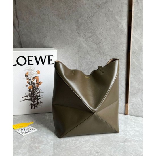 Migliore Repliche Loewe Puzzle Medium Fold Tote Borsa Dark Green Vitello Economiche Outlet Online