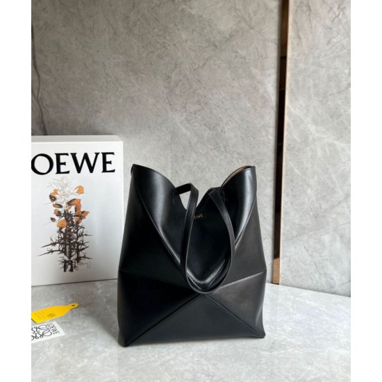 Migliore Repliche Loewe Puzzle Medium Fold Tote Borsa Nero Vitello Economiche Outlet Online