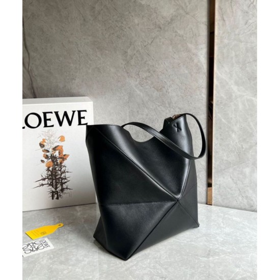 Migliore Repliche Loewe Puzzle Medium Fold Tote Borsa Nero Vitello Economiche Outlet Online