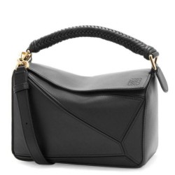 Replica perfetta Loewe Puzzle Piccolo Borsa Nero Vitello con Manico Intrecciato Imitazione Outlet Online