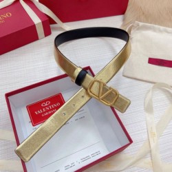 Migliore Repliche Valentino VLogo Cintura reversibile 30mm vitello nera e oro metallizzato Economiche Outlet Online