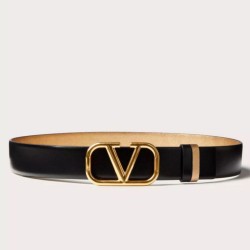 Migliore Repliche Valentino VLogo Cintura reversibile 30mm vitello nera e oro metallizzato Economiche Outlet Online
