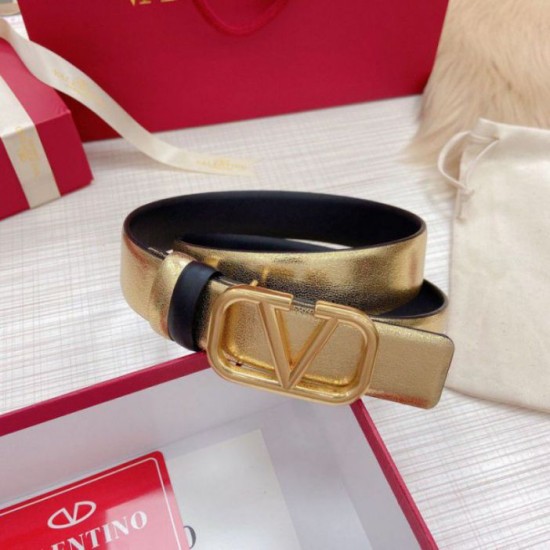 Migliore Repliche Valentino VLogo Cintura reversibile 30mm vitello nera e oro metallizzato Economiche Outlet Online