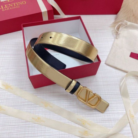 Migliore Repliche Valentino VLogo Cintura reversibile 30mm vitello nera e oro metallizzato Economiche Outlet Online