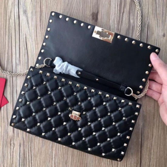 Valentino Rockstud Spike Chain Clutch Nero Agnello Replica originale di alta qualità Miglior Falso Valentino Rockstud Spike Chain Clutch Nero Agnello Economiche Premium