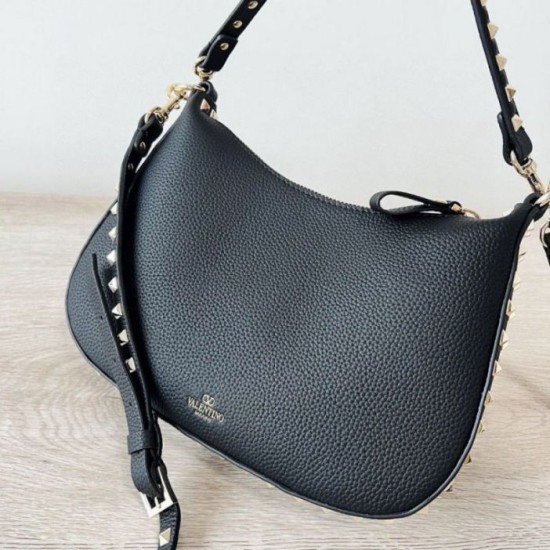 Replica perfetta Valentino Rockstud Piccolo Hobo Borsa Nero vitello granata Imitazione Outlet Online