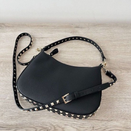 Replica perfetta Valentino Rockstud Piccolo Hobo Borsa Nero vitello granata Imitazione Outlet Online