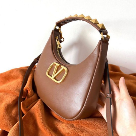 Miglior Falso Valentino Stud Sign Hobo Borsa Marrone Scuro Economiche Premium