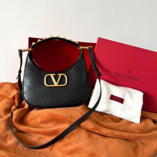 Perfette Qualità Repliche Valentino Stud Sign Hobo Borsa Nero Vitello Imitazione