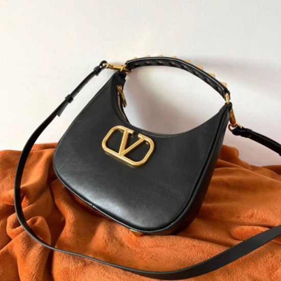 Perfette Qualità Repliche Valentino Stud Sign Hobo Borsa Nero Vitello Imitazione