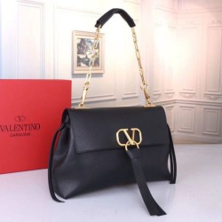 Migliore Repliche Valentino Medium VRing Chain Borsa Nero Grainy Calfskin Economiche Outlet Online
