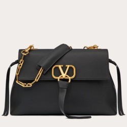 Migliore Repliche Valentino Medium VRing Chain Borsa Nero Grainy Calfskin Economiche Outlet Online