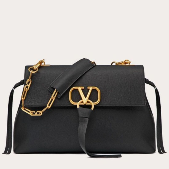 Migliore Repliche Valentino Medium VRing Chain Borsa Nero Grainy Calfskin Economiche Outlet Online