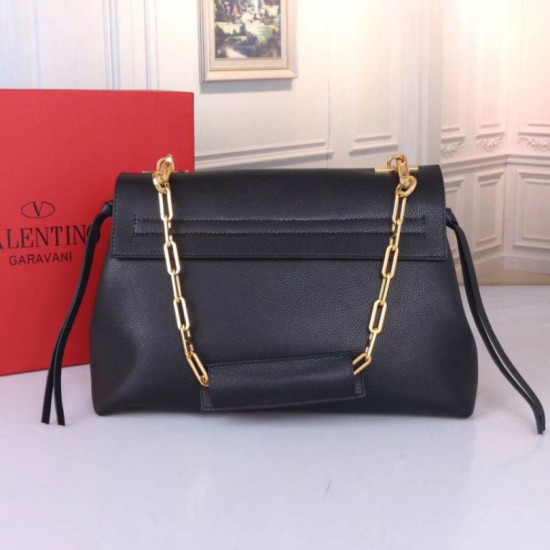 Migliore Repliche Valentino Medium VRing Chain Borsa Nero Grainy Calfskin Economiche Outlet Online
