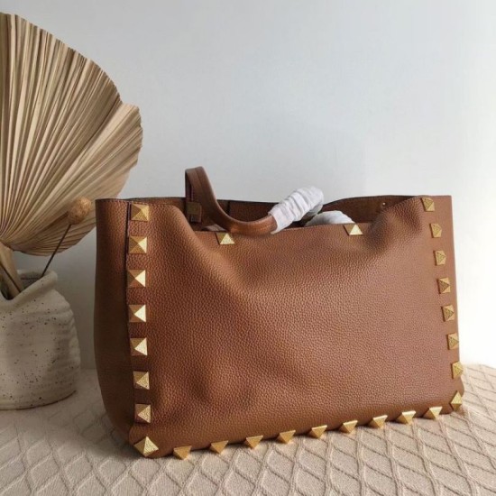 Replica perfetta Valentino Roman Stud Tote Borsa Marrone Vitello Granulato Imitazione Outlet Online