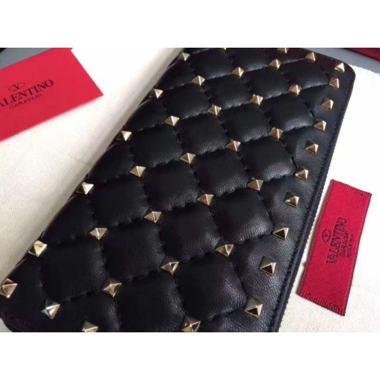 Perfette Qualità Repliche Valentino Rockstud Spike Zip Portafoglio Noir Agnello Imitazione