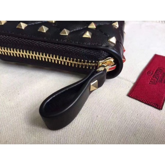Perfette Qualità Repliche Valentino Rockstud Spike Zip Portafoglio Noir Agnello Imitazione