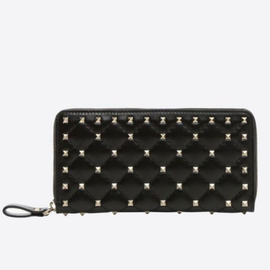 Perfette Qualità Repliche Valentino Rockstud Spike Zip Portafoglio Noir Agnello Imitazione